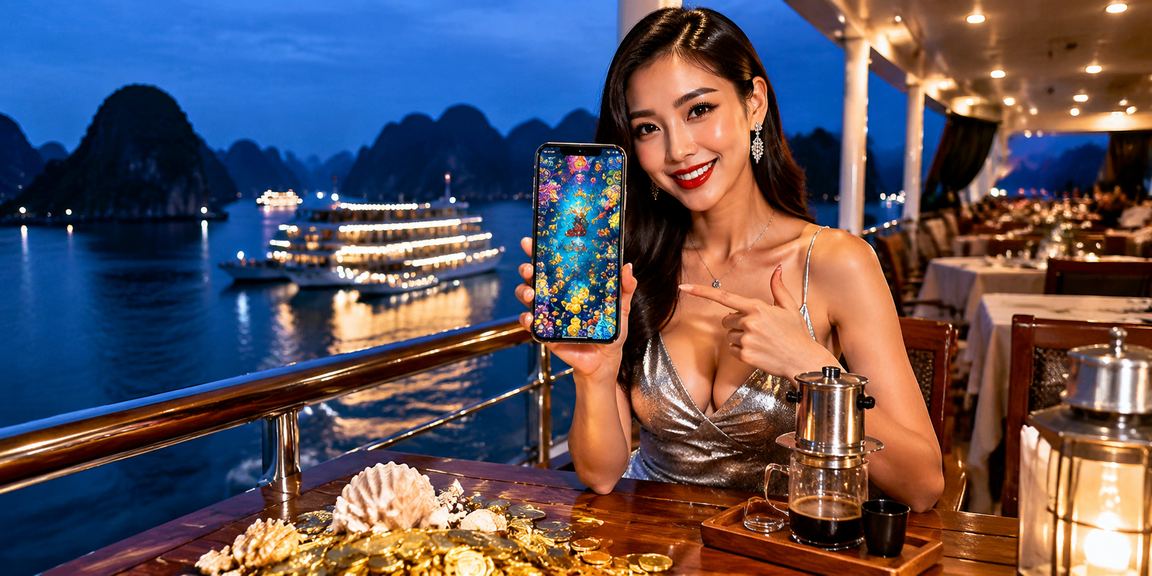Người dùng thưởng thức cà phê bên vịnh Hạ Long và trải nghiệm casino trên điện thoại