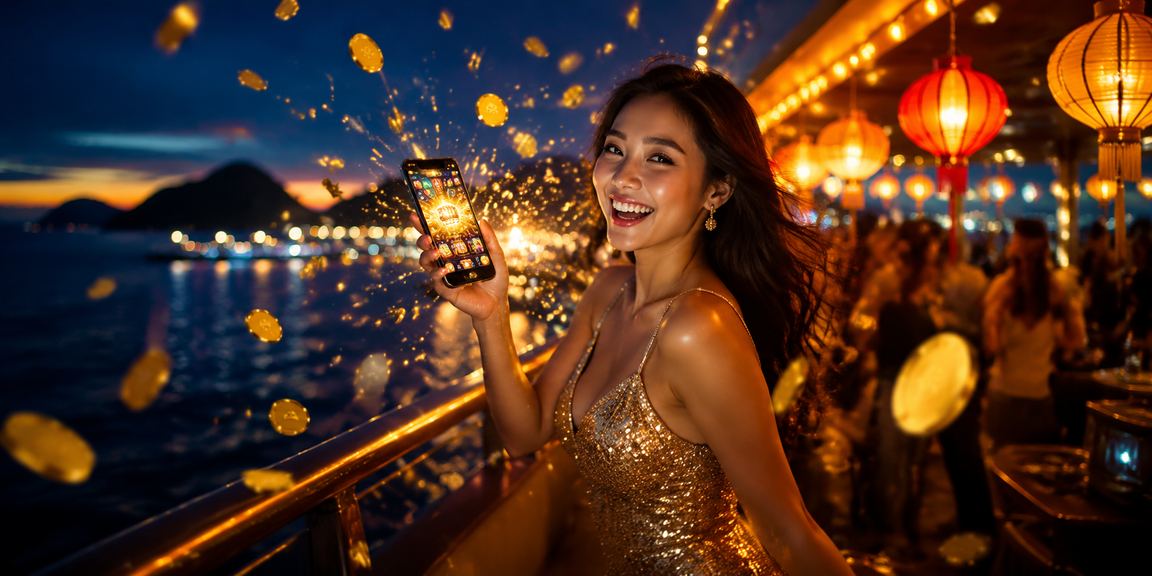 Khung cảnh đèn lồng Hội An về đêm với giao diện slot game trên điện thoại