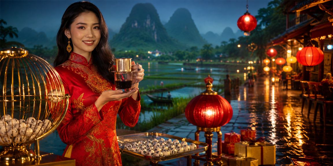 Người dùng tại Ninh Bình ngồi uống cà phê và xem kết quả xổ số lottery trên điện thoại